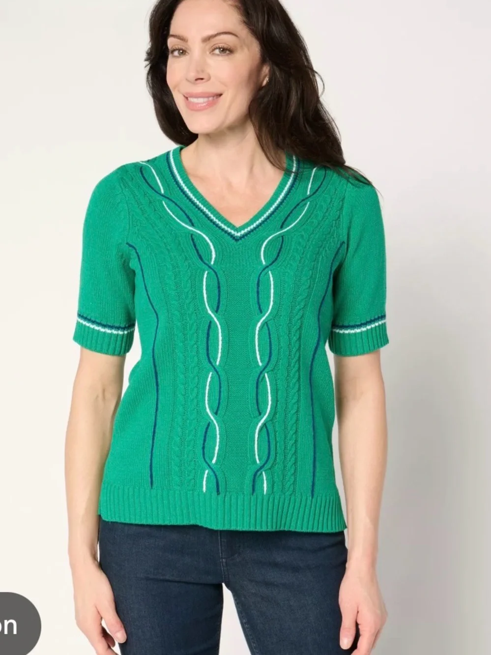 Isaac Mizrahi Live! Clubhouse Cable Knit Short Sleeve Sweater Womens Small Green